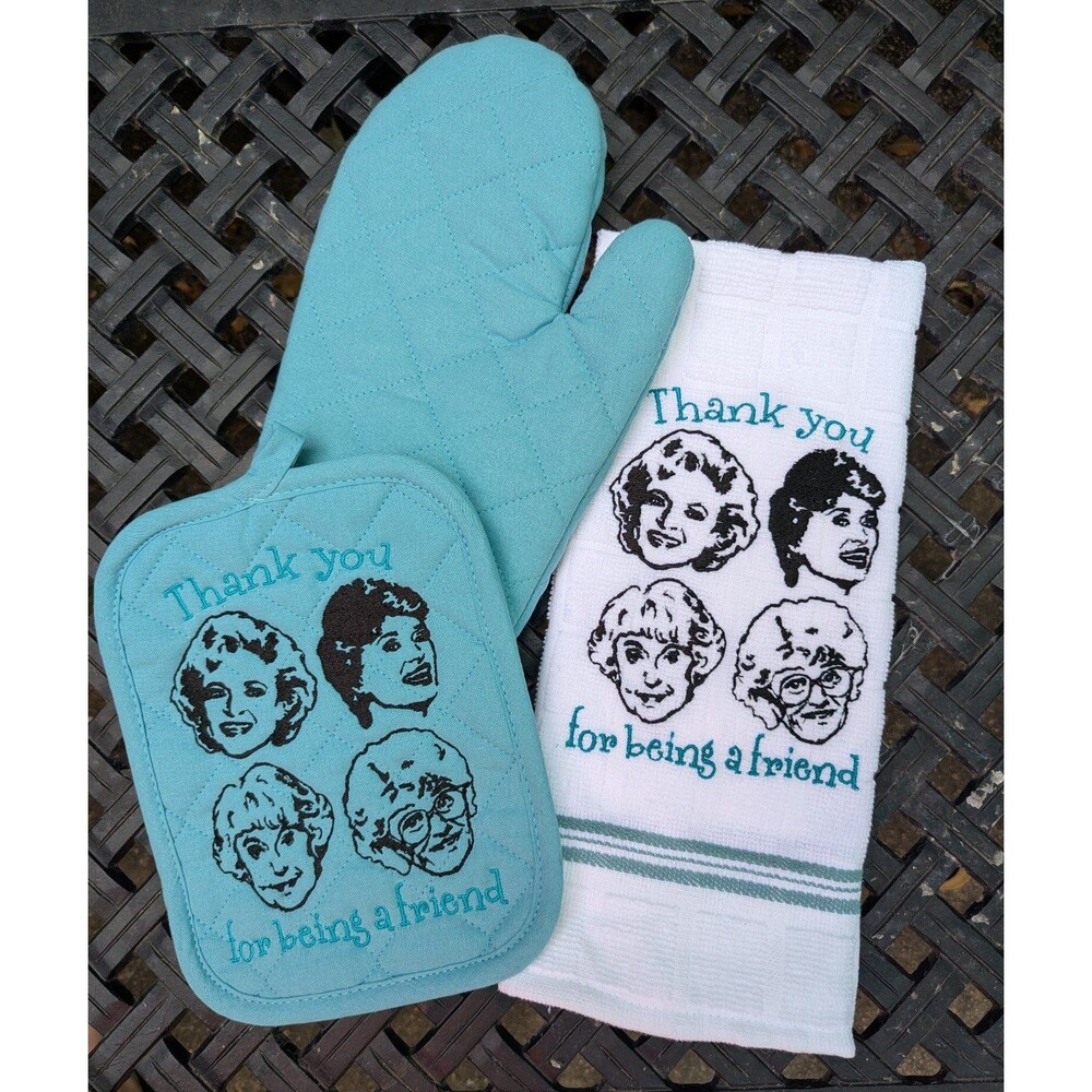 Golden girls embroidered kitchen set. Hot pad/ trivet kitchen towel, oven mitt